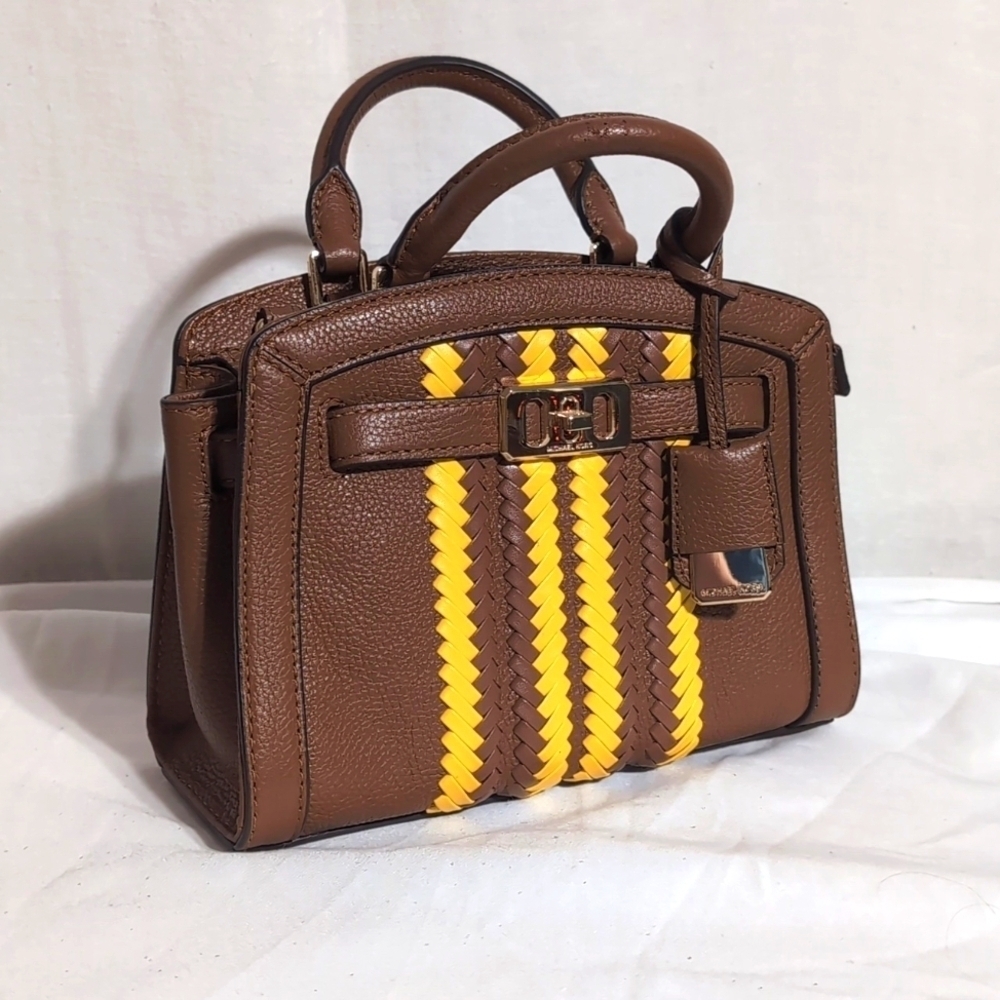 Michael Kors Karson Xs Satchel Brown Pebbled Leather Lugg/Citrus Braided Front